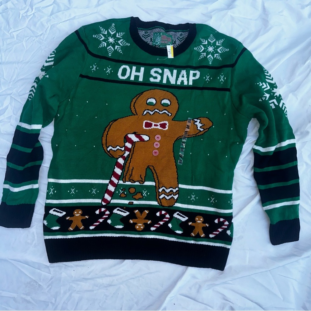 Ugly Christmas Sweater Mens Green Gingerbread Man Xmas Holiday Sweater XXL